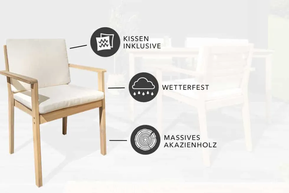 Massiver Gartenstuhl KOPENHAGEN natur Akazienholz beige Outdoor inkl. Kissen
