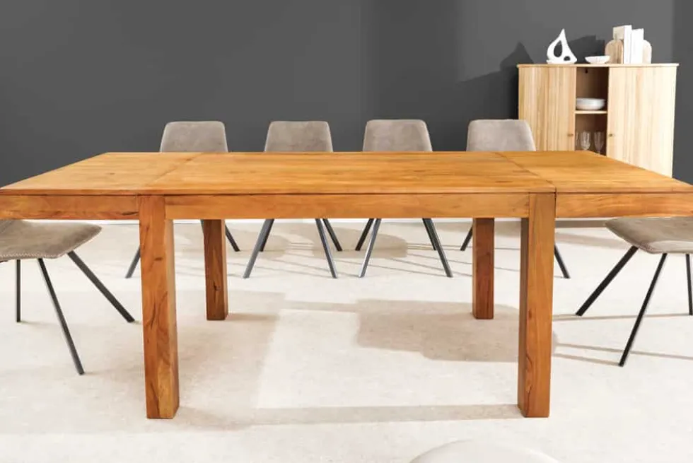 Massiver Holz Esstisch PURE 120-200cm natur honey finish Akazie mit Ansteckplatten