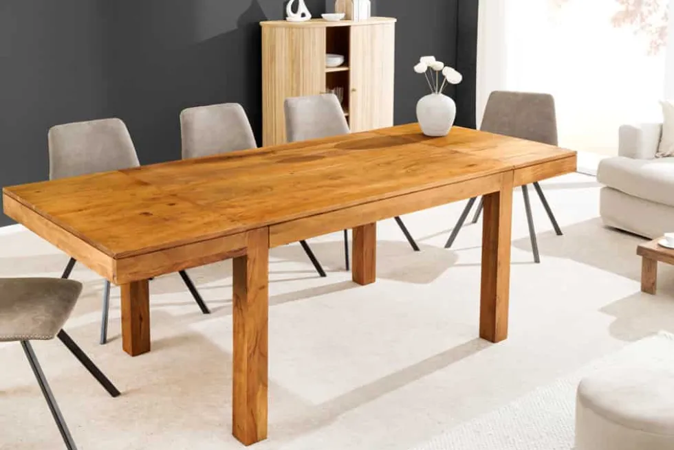 Massiver Holz Esstisch PURE 120-200cm natur honey finish Akazie mit Ansteckplatten