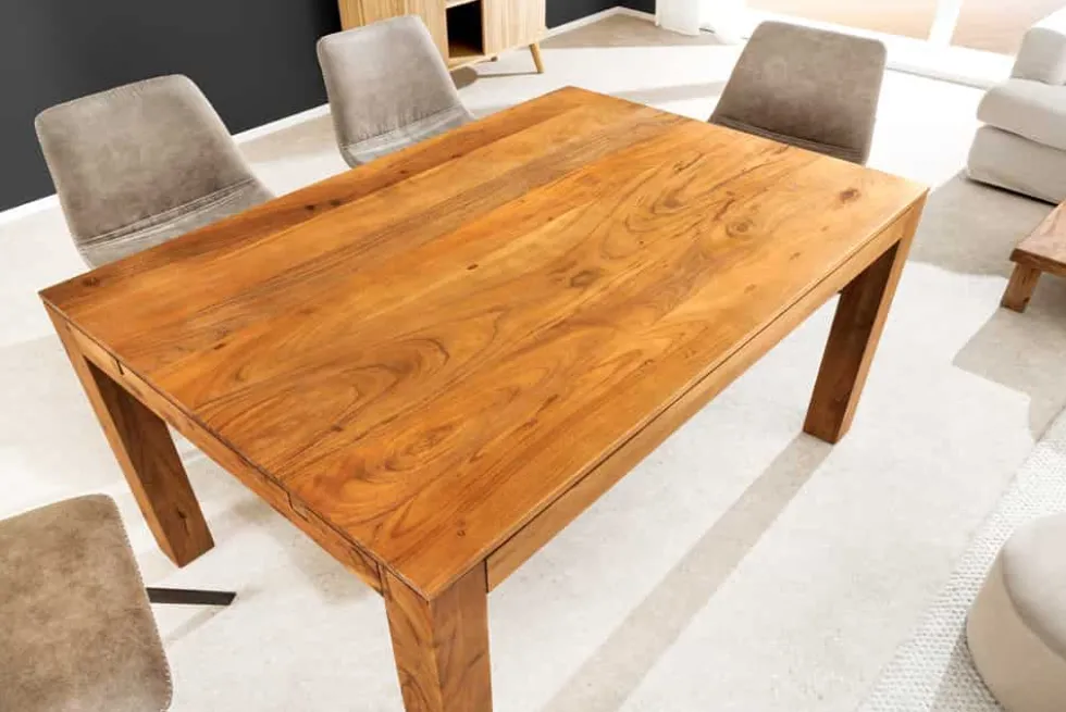 Massiver Holz Esstisch PURE 120-200cm natur honey finish Akazie mit Ansteckplatten