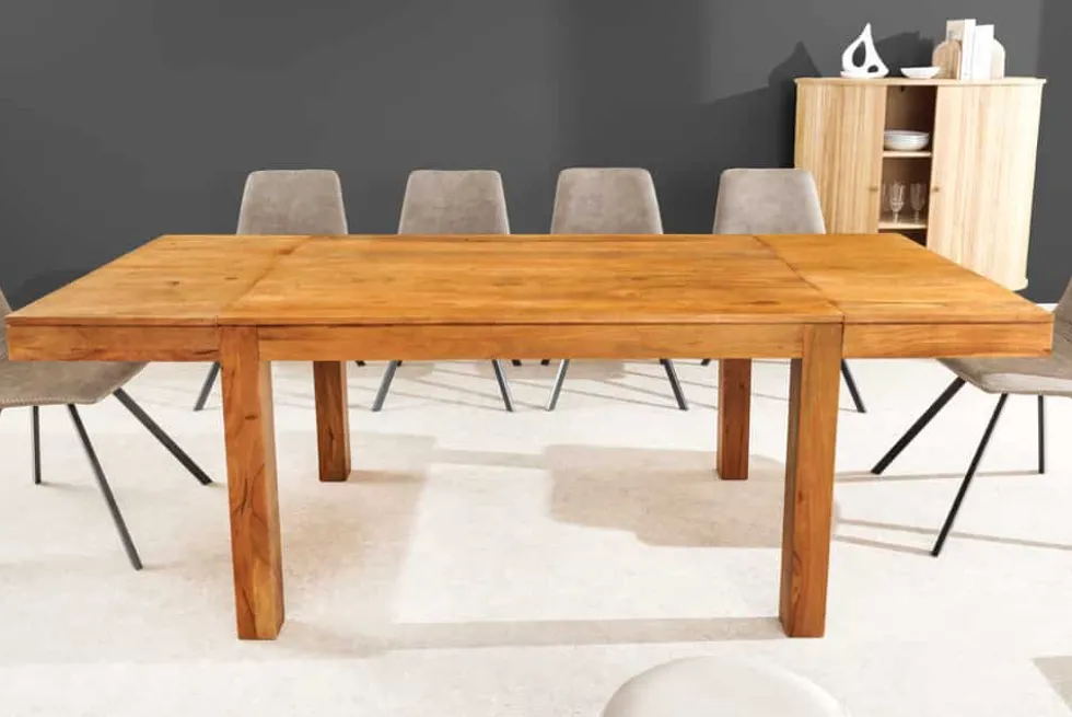 Massiver Holz Esstisch PURE 120-200cm natur honey finish Akazie mit Ansteckplatten