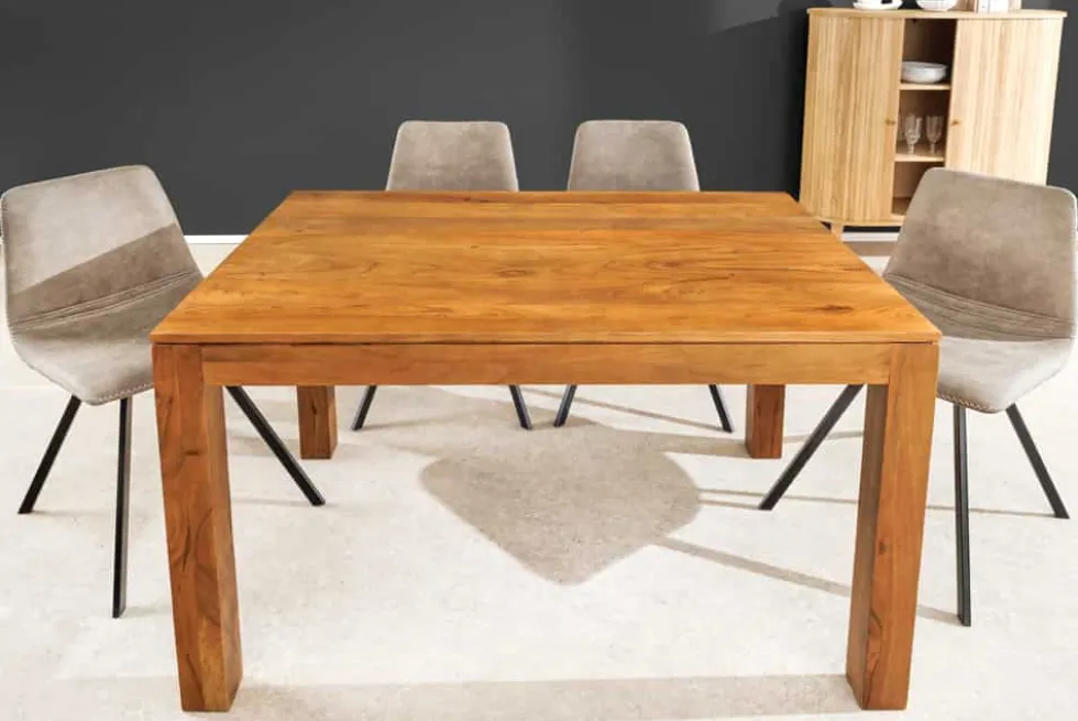 Massiver Holz Esstisch PURE 120-200cm natur honey finish Akazie mit Ansteckplatten