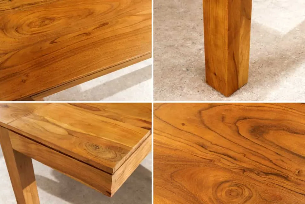 Massiver Holz Esstisch PURE 120-200cm natur honey finish Akazie mit Ansteckplatten
