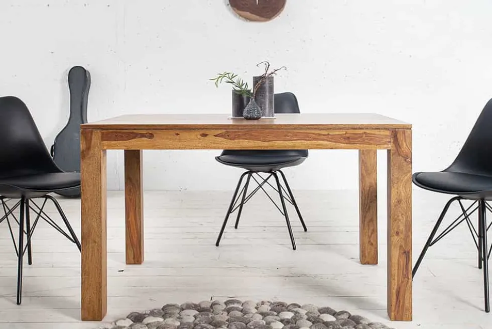 Massiver Holz Esstisch PURE 120-200cm braun Sheesham stone finish mit Ansteckplatten