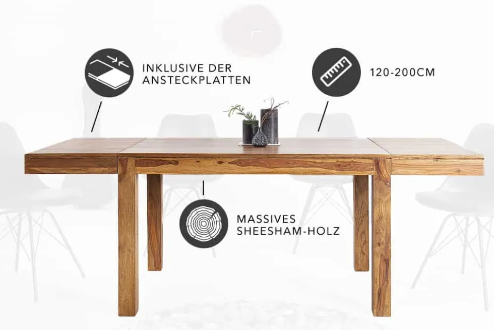 Massiver Holz Esstisch PURE 120-200cm braun Sheesham stone finish mit Ansteckplatten