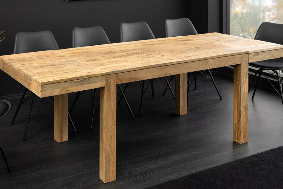 Massiver Holz Esstisch PURE 120-200cm natur Mangoholz mit Ansteckplatten
