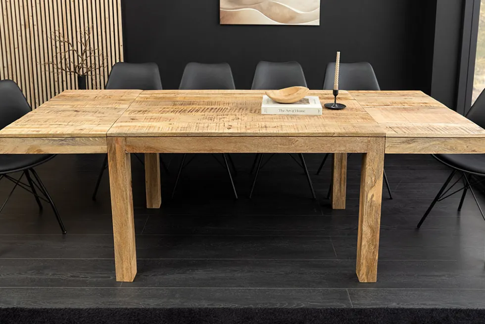 Massiver Holz Esstisch PURE 120-200cm natur Mangoholz mit Ansteckplatten