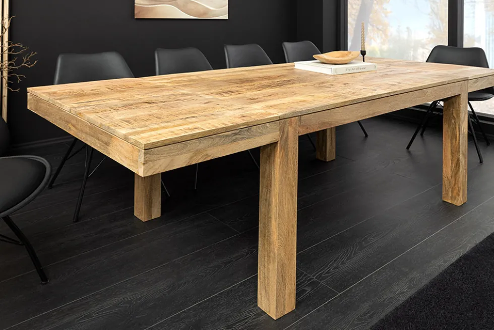 Massiver Holz Esstisch PURE 120-200cm natur Mangoholz mit Ansteckplatten