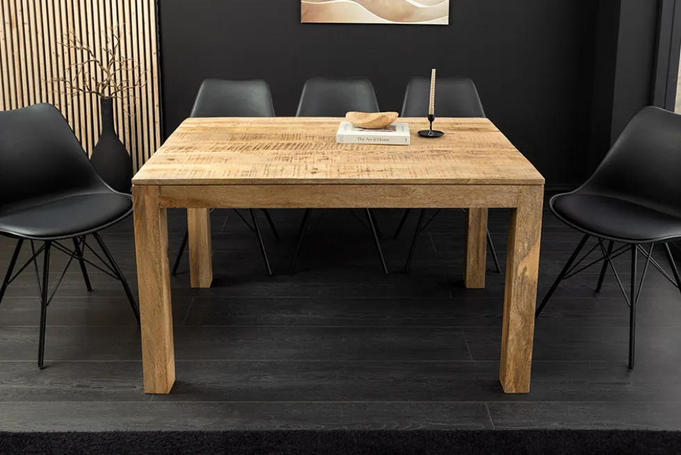 Massiver Holz Esstisch PURE 120-200cm natur Mangoholz mit Ansteckplatten