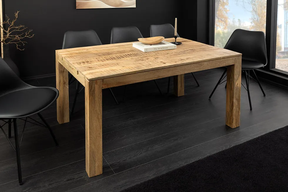 Massiver Holz Esstisch PURE 120-200cm natur Mangoholz mit Ansteckplatten