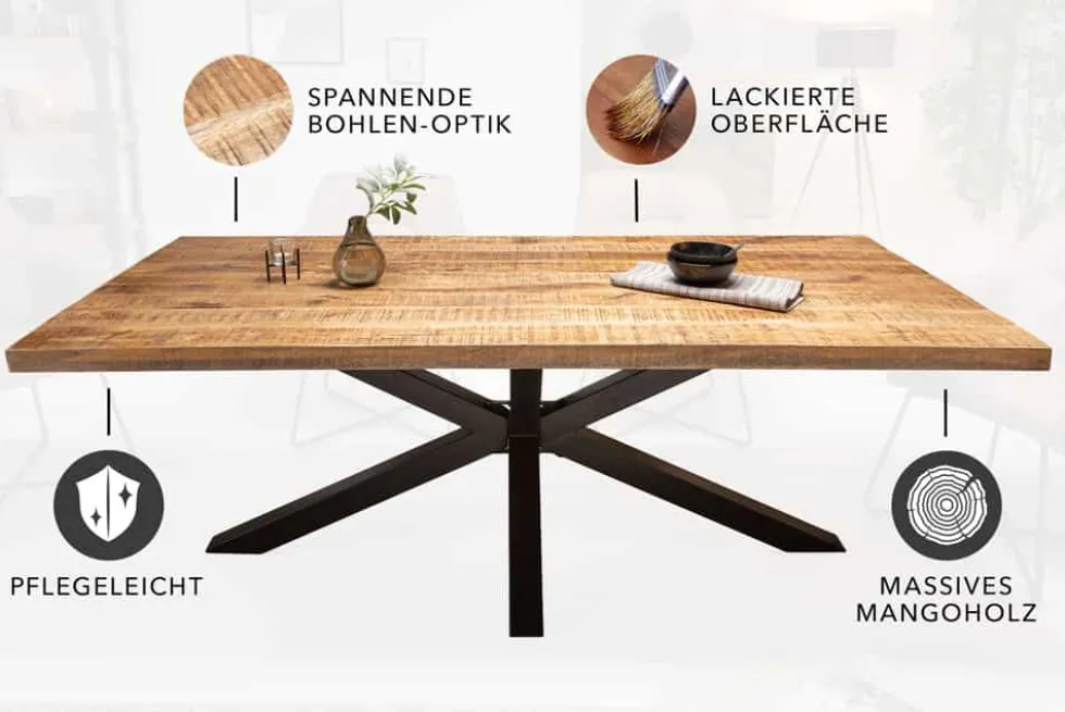 Massiver Industrial Esstisch GALAXIE 160cm Mangoholz sternenförmiges Gestell