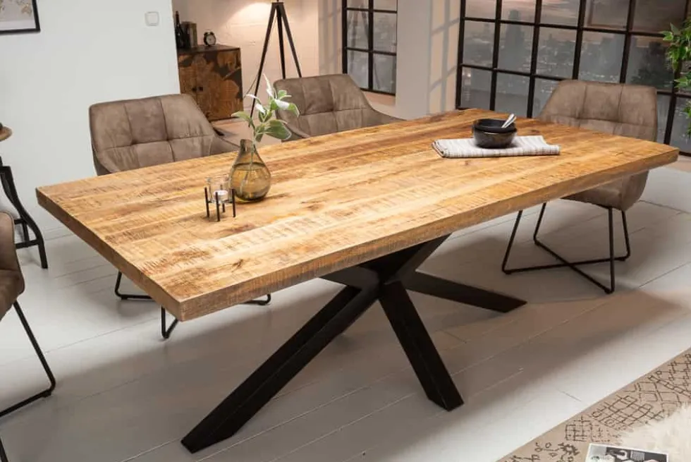 Massiver Industrial Esstisch GALAXIE 200cm Mangoholz sternenförmiges Gestell