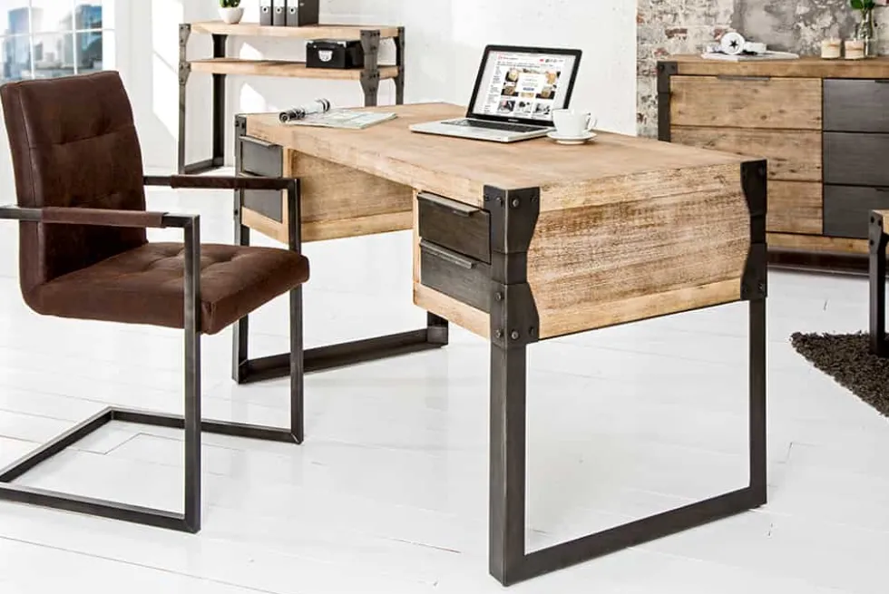 Massiver Industrial Schreibtisch FACTORY 135cm Akazie weiß gekälkt