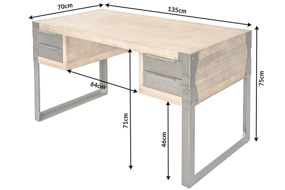 Massiver Industrial Schreibtisch FACTORY 135cm Akazie weiß gekälkt