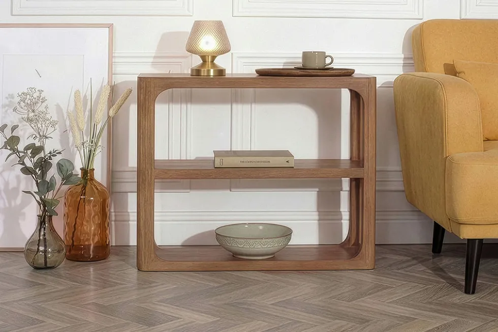 Massiver Konsolentisch ELEMENTS 90cm braun honey finish Mangoholz Regal