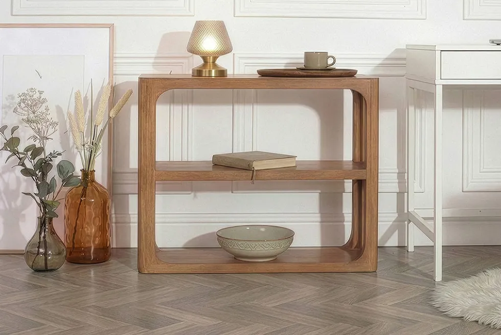 Massiver Konsolentisch ELEMENTS 90cm braun honey finish Mangoholz Regal