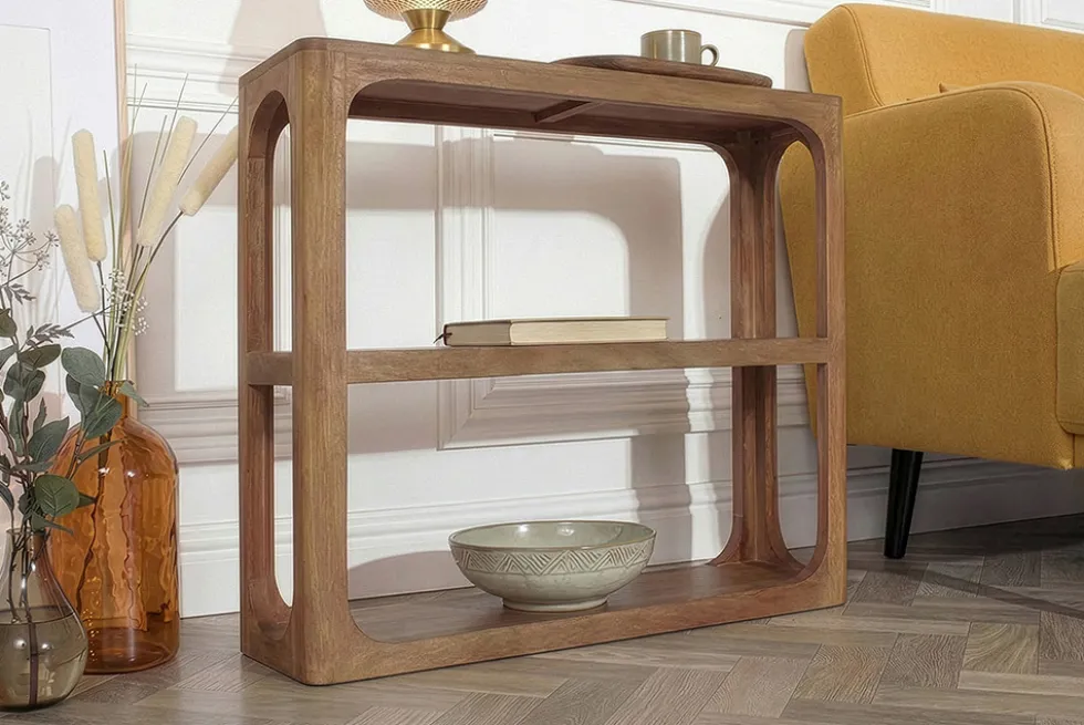 Massiver Konsolentisch ELEMENTS 90cm braun honey finish Mangoholz Regal