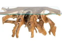 Massiver Konsolentisch ROOT 150cm natur Teak Massivholz aus Wurzelholz Glasplatte