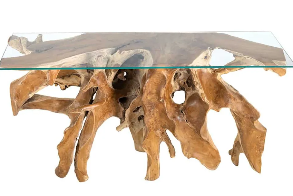 Massiver Konsolentisch ROOT 150cm natur Teak Massivholz aus Wurzelholz Glasplatte