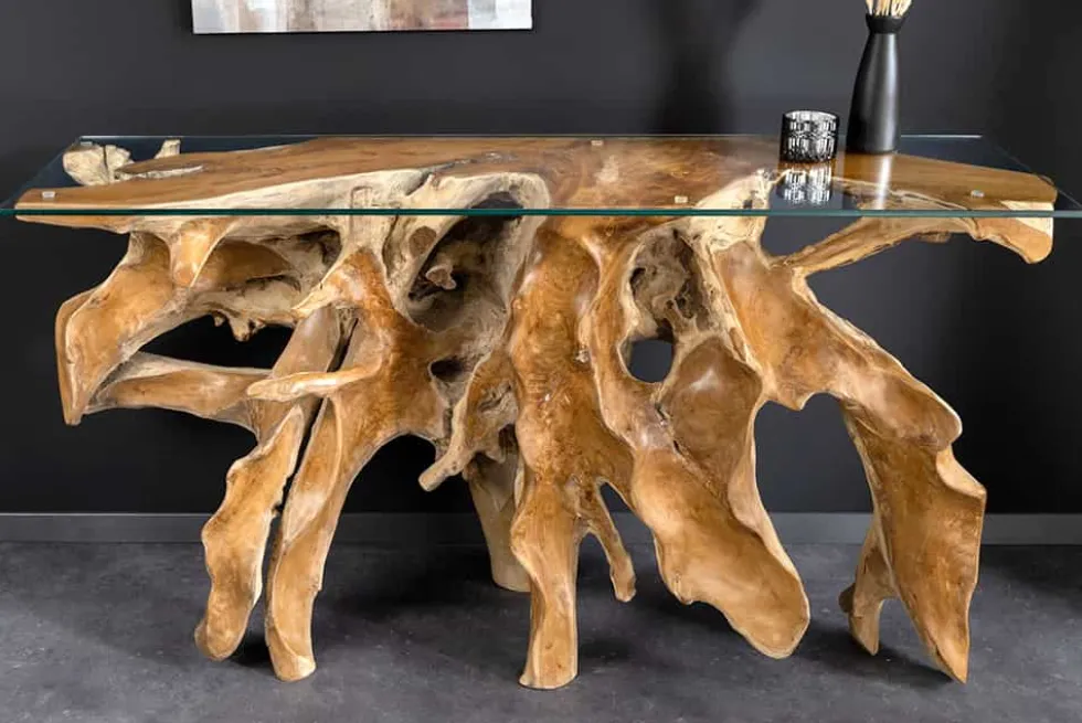 Massiver Konsolentisch ROOT 150cm natur Teak Massivholz aus Wurzelholz Glasplatte