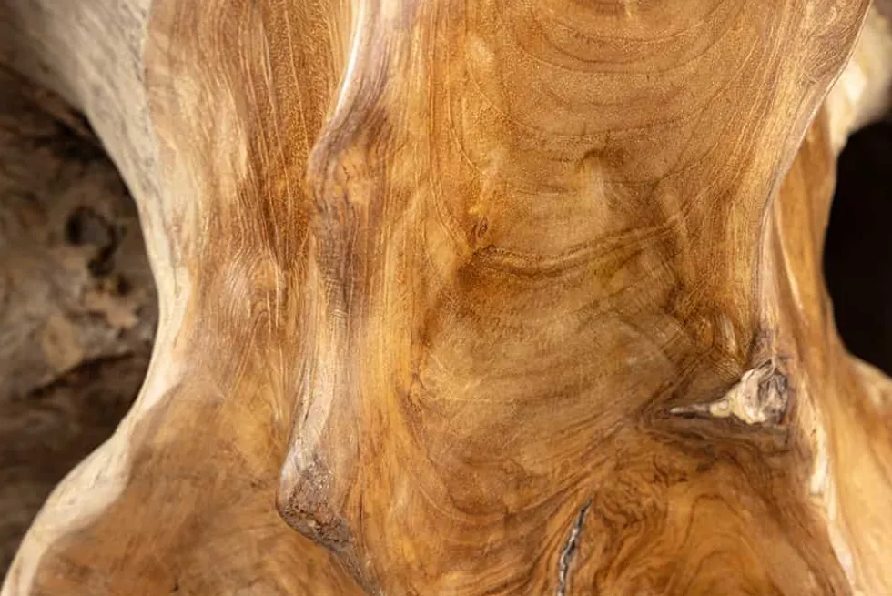 Massiver Konsolentisch ROOT 150cm natur Teak Massivholz aus Wurzelholz Glasplatte