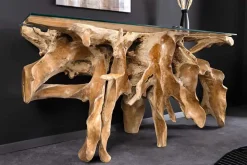 Massiver Konsolentisch ROOT 150cm natur Teak Massivholz aus Wurzelholz Glasplatte