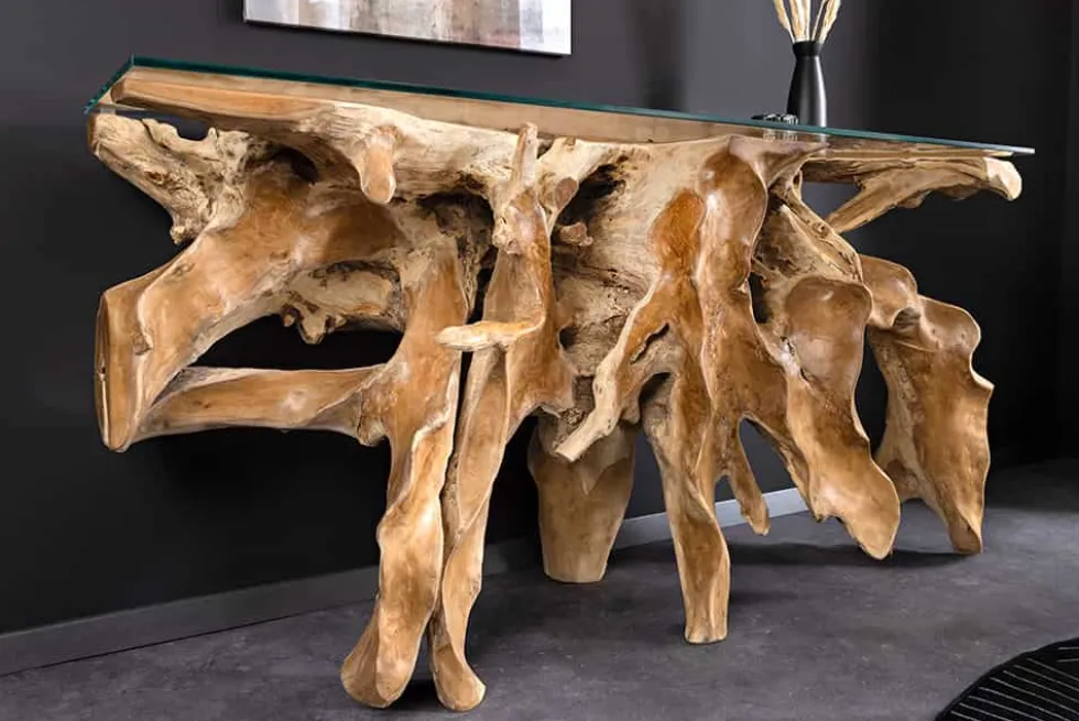 Massiver Konsolentisch ROOT 150cm natur Teak Massivholz aus Wurzelholz Glasplatte