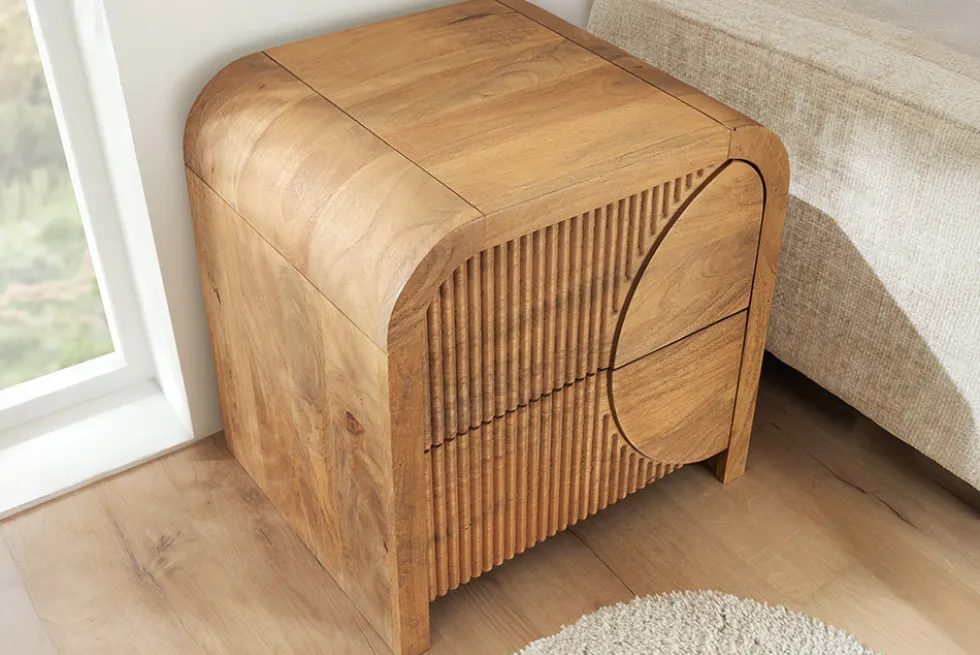 Massiver Nachttisch ART DECO 50cm cream finish beige Mangoholz mit Schublade