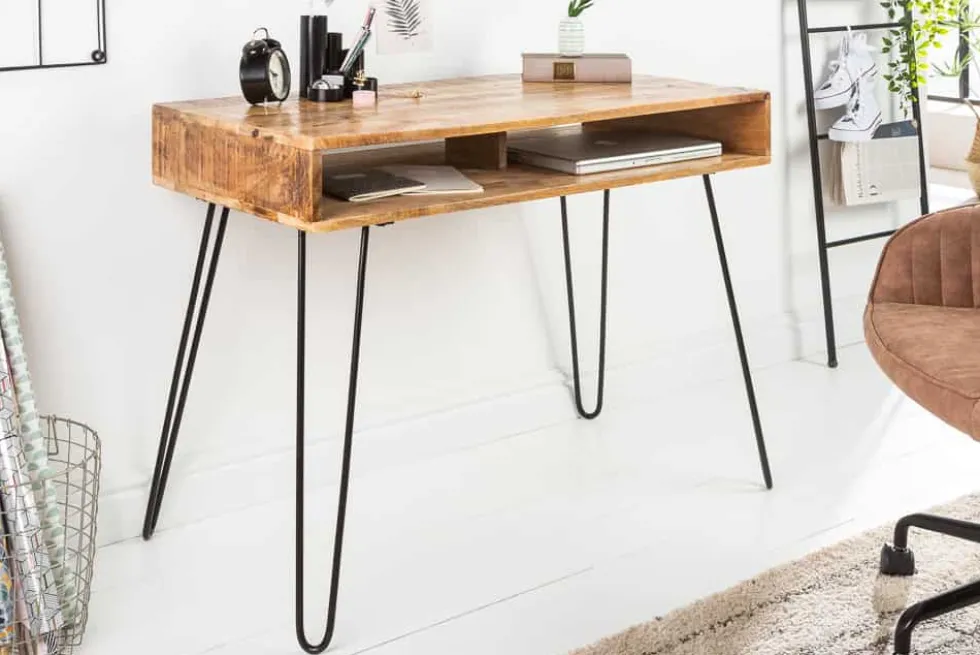 Massiver Schreibtisch SCORPION 100cm natur Mangoholz Hairpin Legs