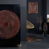 Massiver XXL Barschrank MANDALA 140cm Mangoholz schwarz gold Metallgestell Schnitzerei