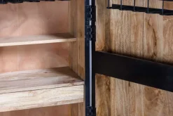 Massiver XXL Barschrank MANDALA 140cm Mangoholz schwarz gold Metallgestell Schnitzerei