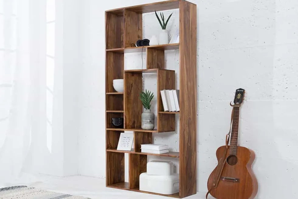 Massives Bücherregal CUBUS 180cm braun Sheesham stone finish einzigartige Maserung