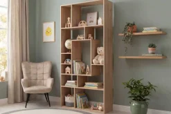 Massives Bücherregal CUBUS 180cm natur Mangoholz cream finish elf Fächer