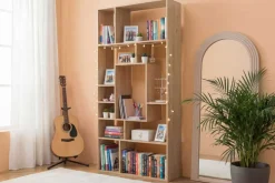 Massives Bücherregal CUBUS 180cm natur Mangoholz cream finish elf Fächer