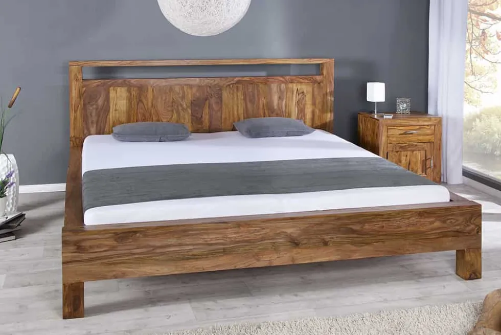 Massives Bett MAKASSAR 180x200cm braun Sheeshamholz stone finish