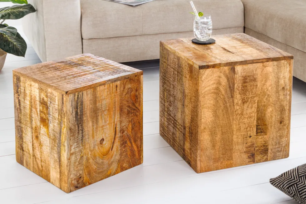 Massives 2er Set Beistelltisch CURACAO 45cm natur Mangoholz Würfel handmade Couchtisch