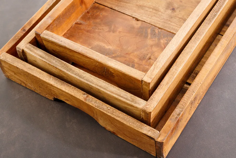 Massives 3er Set Tablett HEMINGWAY 45cm recyceltes Mahagoniholz handmade Servierbrett