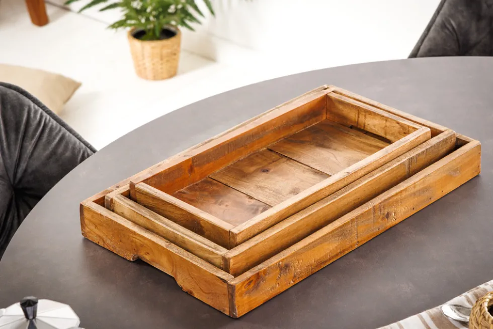 Massives 3er Set Tablett HEMINGWAY 45cm recyceltes Mahagoniholz handmade Servierbrett