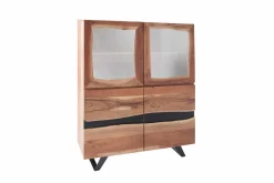 Massives Highboard AMAZONAS 140cm Akazie Metall Vitrine Baumkante