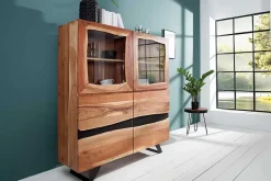 Massives Highboard AMAZONAS 140cm Akazie Metall Vitrine Baumkante