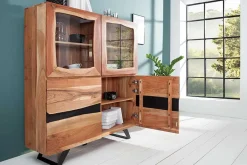 Massives Highboard AMAZONAS 140cm Akazie Metall Vitrine Baumkante