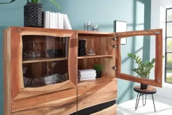 Massives Highboard AMAZONAS 140cm Akazie Metall Vitrine Baumkante