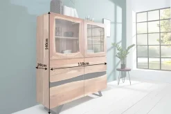 Massives Highboard AMAZONAS 140cm Akazie Metall Vitrine Baumkante