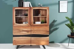 Massives Highboard AMAZONAS 140cm Akazie Metall Vitrine Baumkante