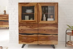 Massives Highboard AMAZONAS 140cm braun Sheeshamholz Vitrine mit Baumkante