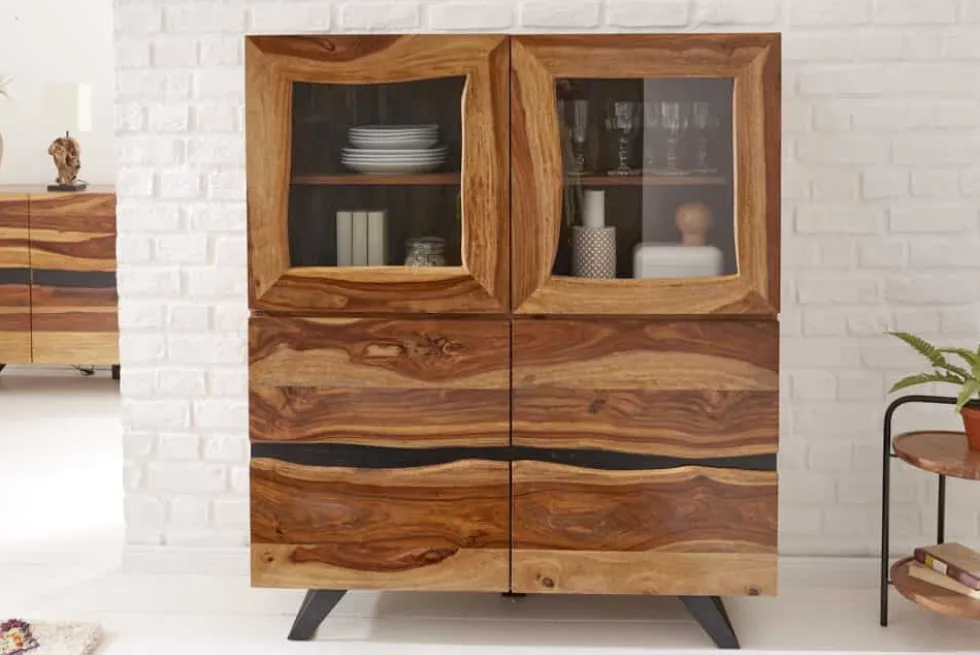 Massives Highboard AMAZONAS 140cm braun Sheeshamholz Vitrine mit Baumkante