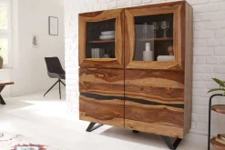 Massives Highboard AMAZONAS 140cm braun Sheeshamholz Vitrine mit Baumkante