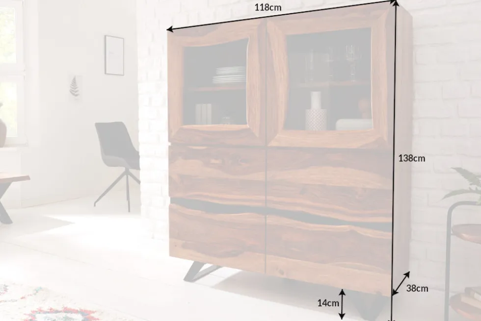 Massives Highboard AMAZONAS 140cm braun Sheeshamholz Vitrine mit Baumkante