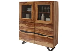Massives Highboard AMAZONAS 140cm braun Sheeshamholz Vitrine mit Baumkante