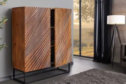 Massives Highboard ART 120cm braun Mangoholz 3D-Design schwarz Metall